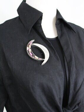 Vintage Modernist Crescent Brooch Abstract Silver Tone Pink Inlay Art Pin 3”